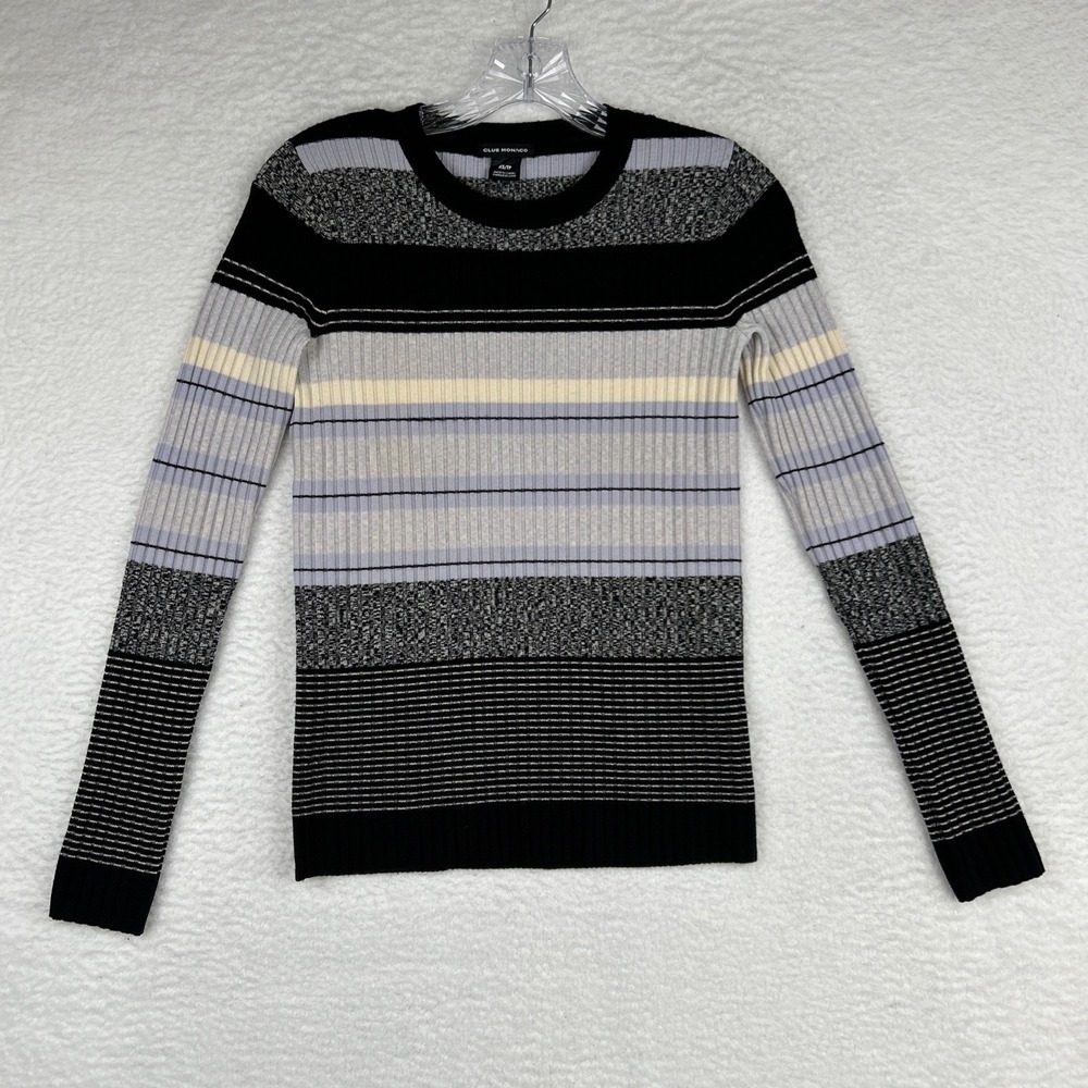 Club Monaco Ribbed Knit Sweater Blue‎ Black Stripe Black Women's XS